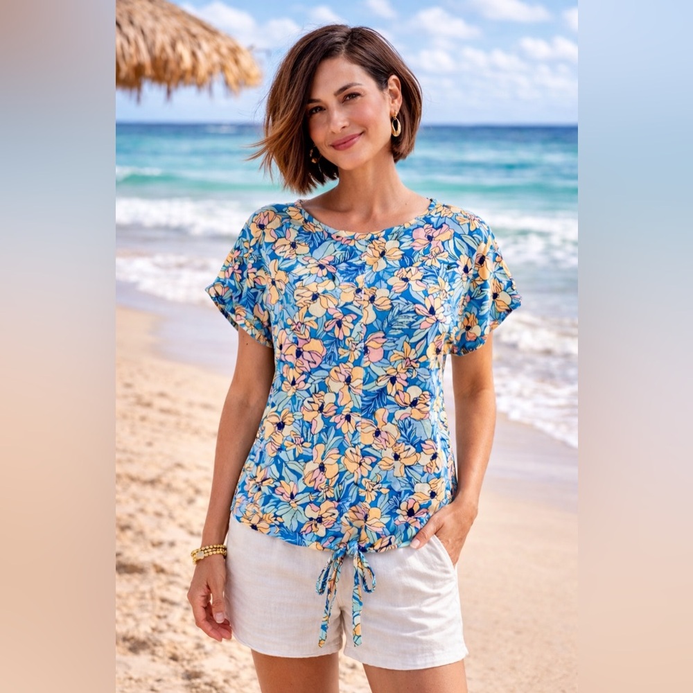 Lands' End Pastel Top Sz. L Floral Tie Front Linen Blend Shirt Casual Comy EUC